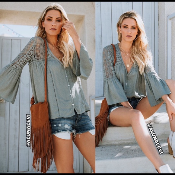 Lovestitch Boho Bell Sleeve Blouse in Sage - Picture 3 of 3